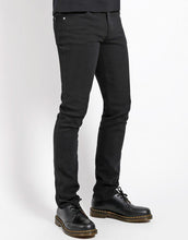 Load image into Gallery viewer, side view of Black cotton classic skinny fit jeans. 
