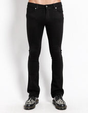 Load image into Gallery viewer, front view of Black cotton bootcut jeans. 
