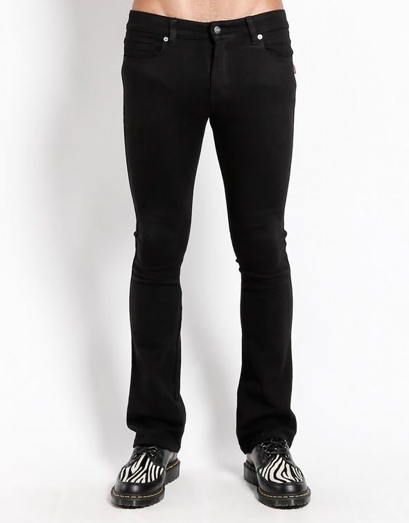 front view of Black cotton bootcut jeans. 