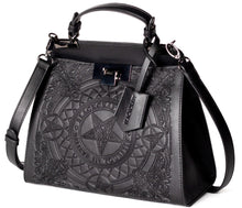 Load image into Gallery viewer, Embossed baphomet goat detail on front. Gunmetal hardware. Removable adjustable over the shoulder straps. Attached top handle for carrying.
