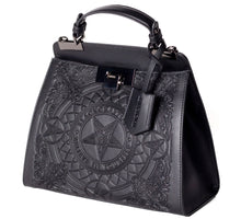 Load image into Gallery viewer, Embossed baphomet goat detail on front. Gunmetal hardware. Removable adjustable over the shoulder straps. Attached top handle for carrying.
