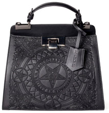 Load image into Gallery viewer, Embossed baphomet goat detail on front. Gunmetal hardware. Removable adjustable over the shoulder straps. Attached top handle for carrying.
