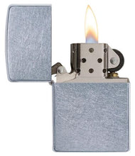 Load image into Gallery viewer, front of zippo opened with flame lit
