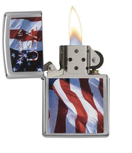 Load image into Gallery viewer, front of zippo opened with flame lit
