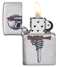 Load image into Gallery viewer, front of zippo opened with flame lit
