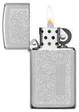 Load image into Gallery viewer, front of zippo opened with flame lit
