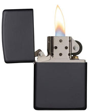 Load image into Gallery viewer, front of zippo opened with flame lit
