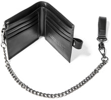 Load image into Gallery viewer, Black Vegan leather bi-fold wallet with six card slots and bill compartment with BCC baphomet goat logo embossed on front and 18&quot; gunmetal finish chain that attaches to belt loop.
