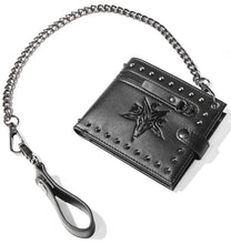 Load image into Gallery viewer, Black Vegan leather bi-fold wallet with six card slots and bill compartment with BCC baphomet goat logo embossed on front and 18&quot; gunmetal finish chain that attaches to belt loop.
