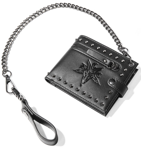 Black Vegan leather bi-fold wallet with six card slots and bill compartment with BCC baphomet goat logo embossed on front and 18