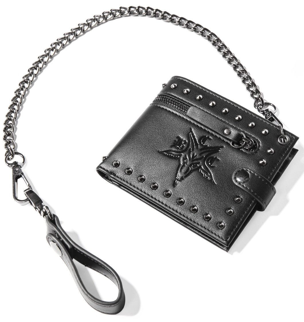 Black Vegan leather bi-fold wallet with six card slots and bill compartment with BCC baphomet goat logo embossed on front and 18