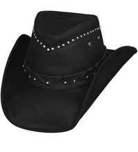 Load image into Gallery viewer, Black leather cowboy hat wit studs around top of base with braided leather along bottom of base with studs along braid.
