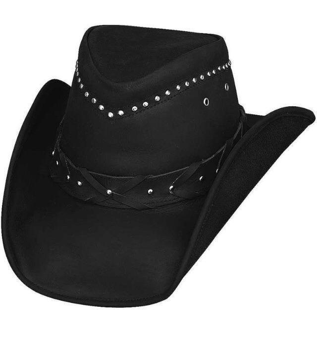 Black leather cowboy hat wit studs around top of base with braided leather along bottom of base with studs along braid.