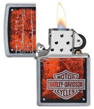 Load image into Gallery viewer, front of zippo opened with flame lit
