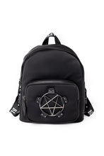 Load image into Gallery viewer, front view of All black nylon backpack with metal upside down pentagram on front pocket.
