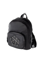 Load image into Gallery viewer, side view of All black nylon backpack with metal upside down pentagram on front pocket.
