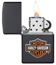 Load image into Gallery viewer, front of zippo opened with flame lit
