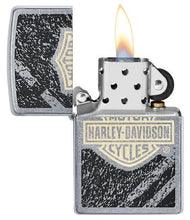 Load image into Gallery viewer, front of zippo opened with flame lit
