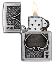 Load image into Gallery viewer, front of zippo opened with flame lit
