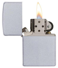 Load image into Gallery viewer, front of zippo opened with flame lit
